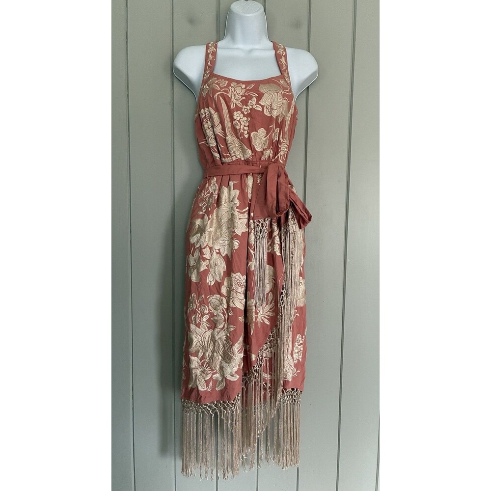 Anthropologie Lucille Dress 0 Fringe Embroidered Rose Pink Sleeveless Floral